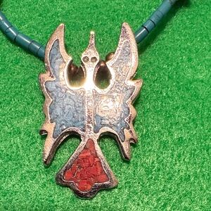 VINTAGE TURQUOISE AND CORAL THUNDERBIRD ON SILVER MEDAL NECKLACE LIQUID SILVER